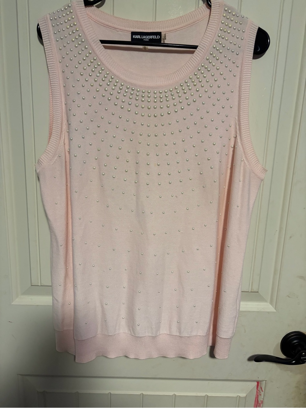 Karl Lagerfeld Light Pink Pearl-Studded Sleeveless Knit Tank